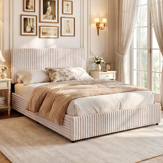 Queen Size Lift-up Storage Bed with Wooden Slat Support, Beige Simple Bed Frame Beige at Gallery Canada
