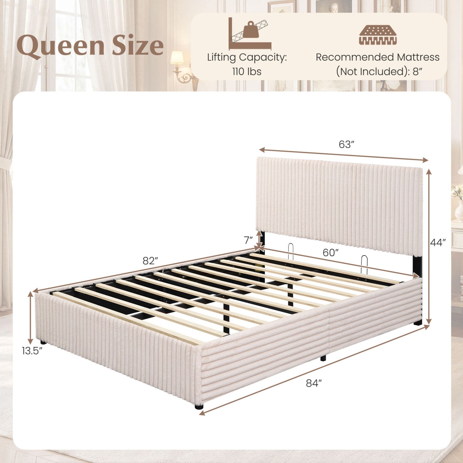 Queen Size Lift-up Storage Bed with Wooden Slat Support, Beige Simple Bed Frame at Gallery Canada