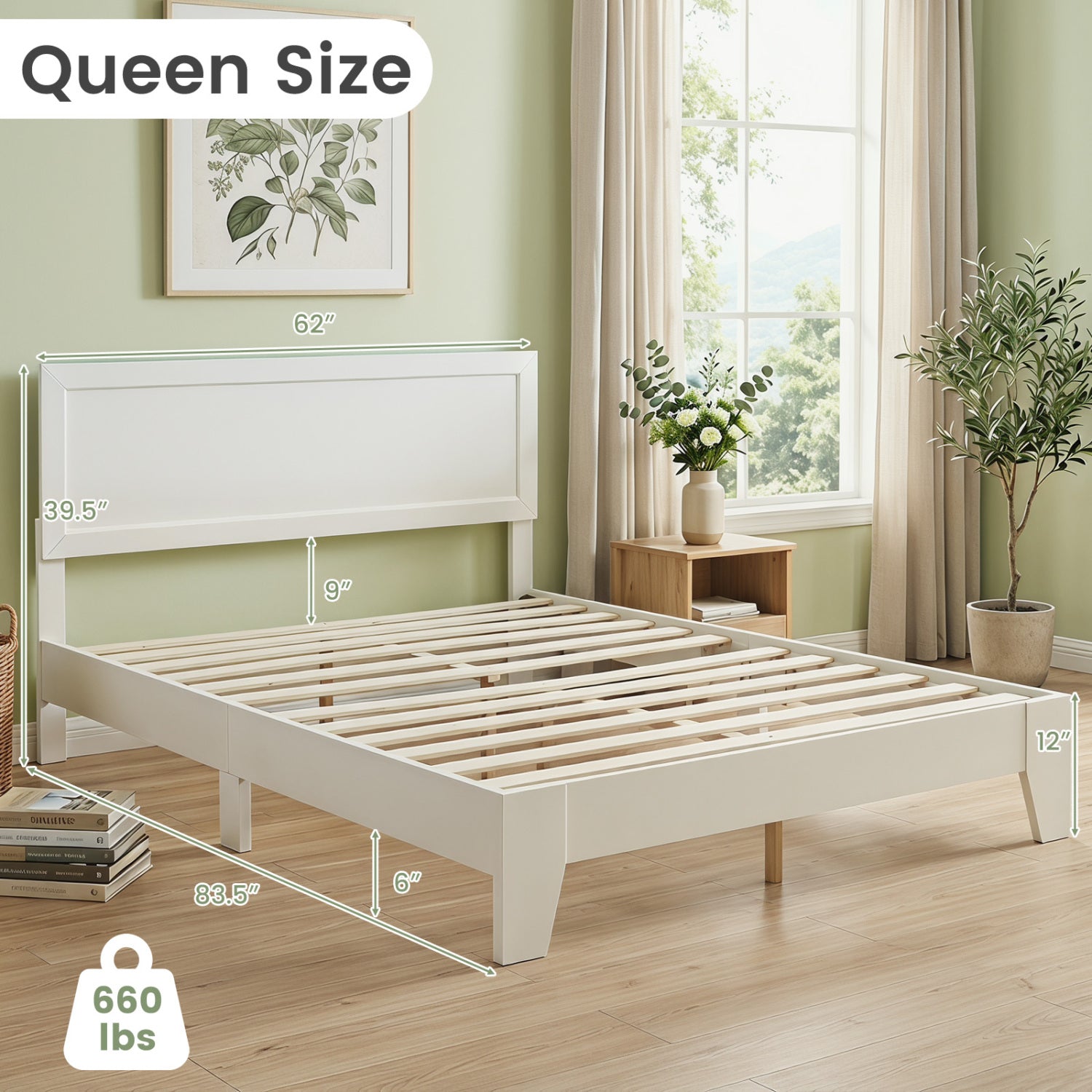 Queen Size Modern Bed Frame with Headboard, White Simple Bed Frame at Gallery Canada