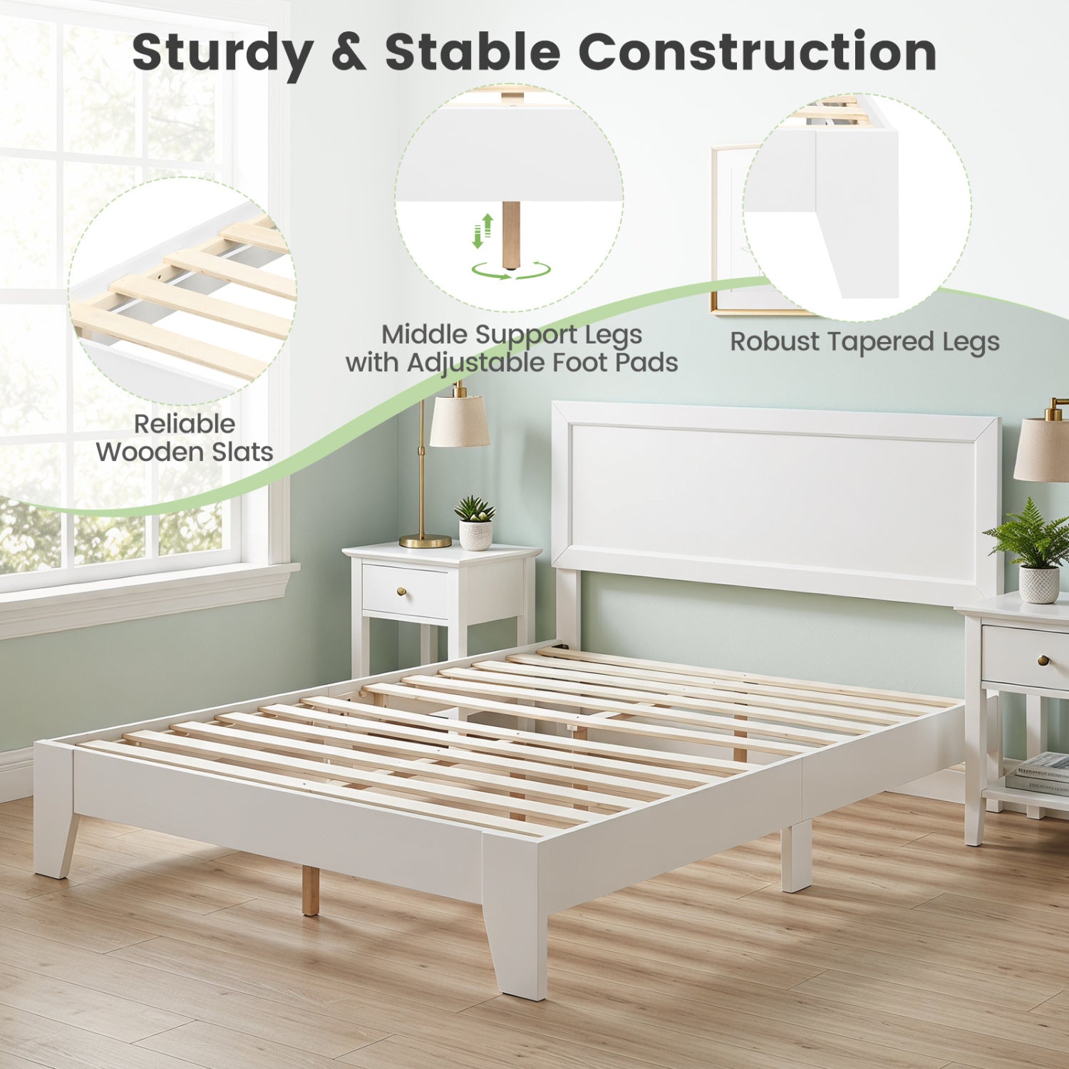 Queen Size Modern Bed Frame with Headboard, White Simple Bed Frame at Gallery Canada