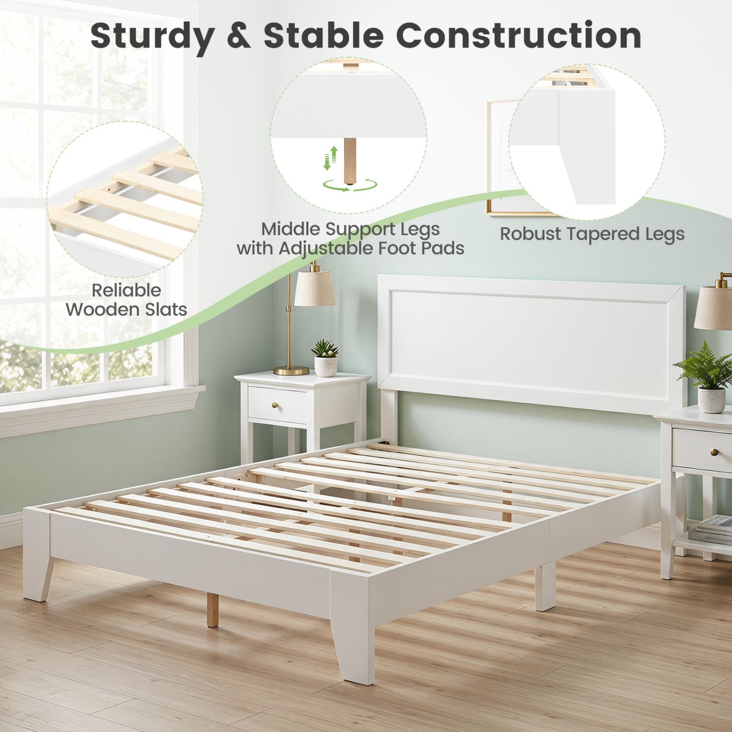 Queen Size Modern Bed Frame with Headboard, White Simple Bed Frame at Gallery Canada