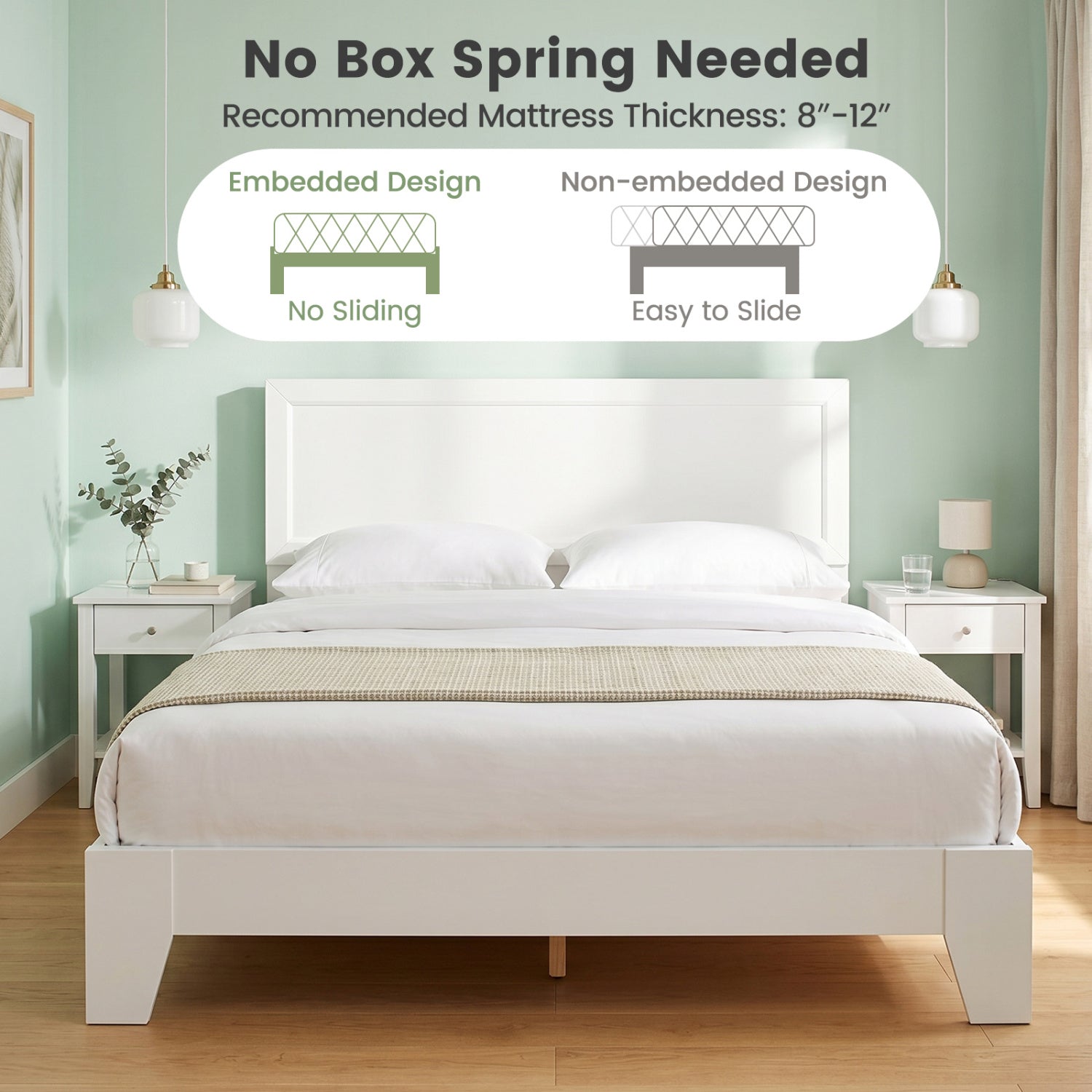 Queen Size Modern Bed Frame with Headboard, White Simple Bed Frame at Gallery Canada