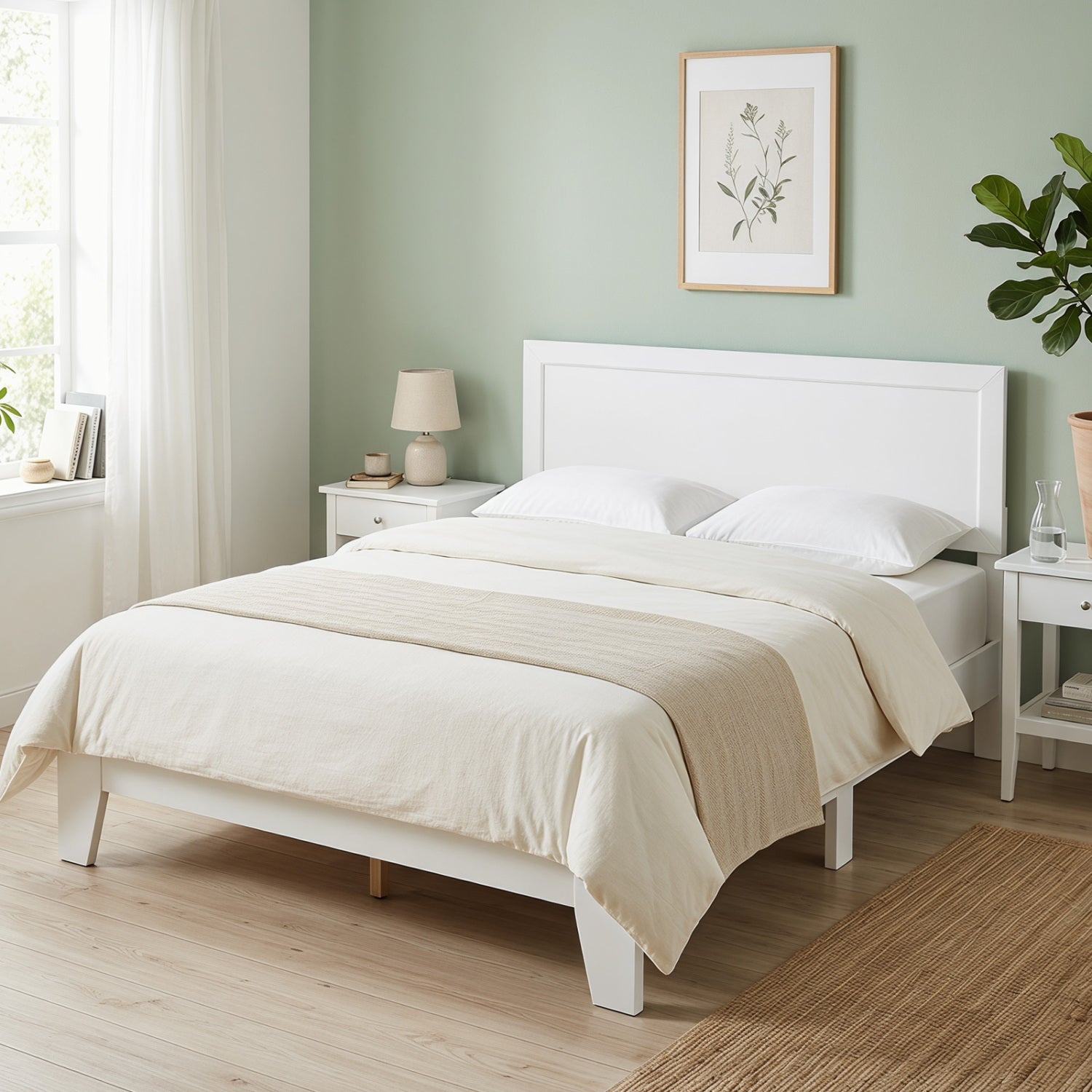 Queen Size Modern Bed Frame with Headboard, White Simple Bed Frame at Gallery Canada