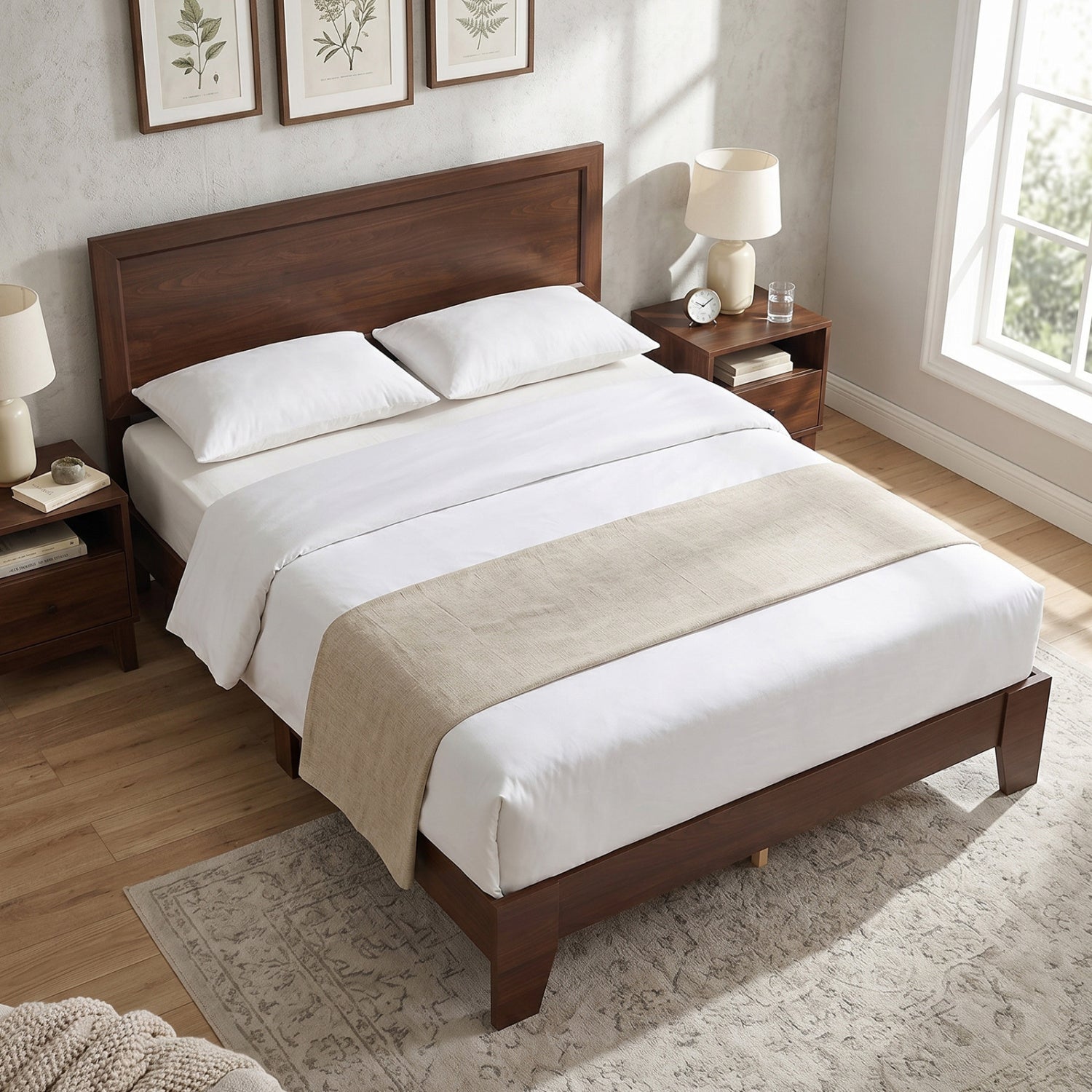 Queen Size Bed Frame with Headboard, Walnut Simple Bed Frame at Gallery Canada