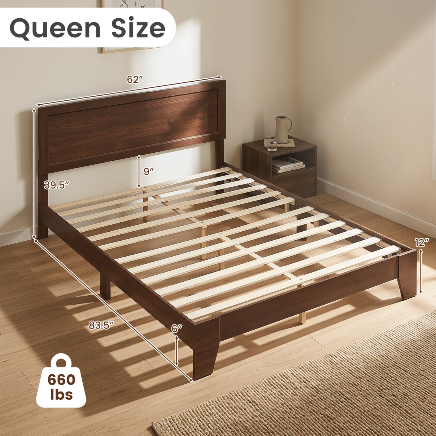 Queen Size Bed Frame with Headboard, Walnut Simple Bed Frame at Gallery Canada