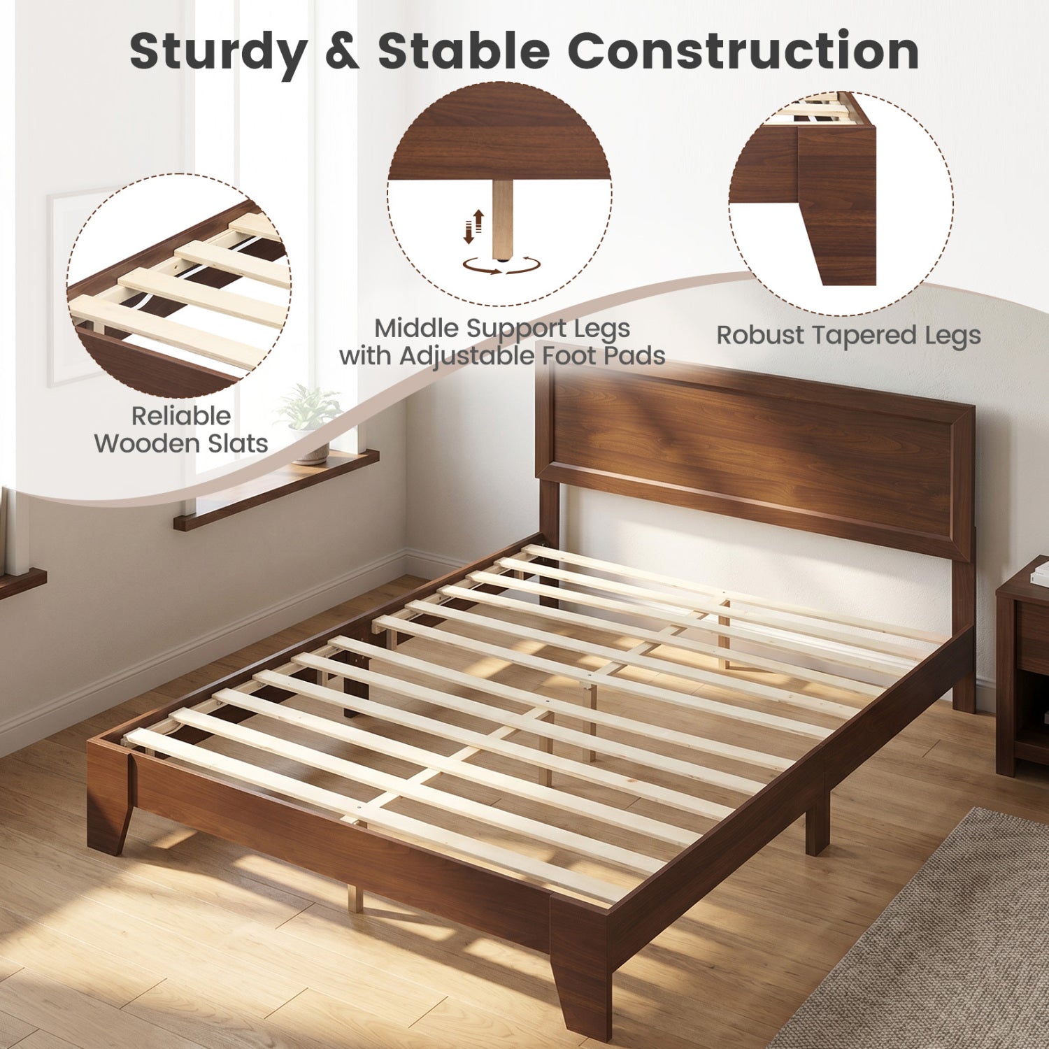 Queen Size Bed Frame with Headboard, Walnut Simple Bed Frame at Gallery Canada