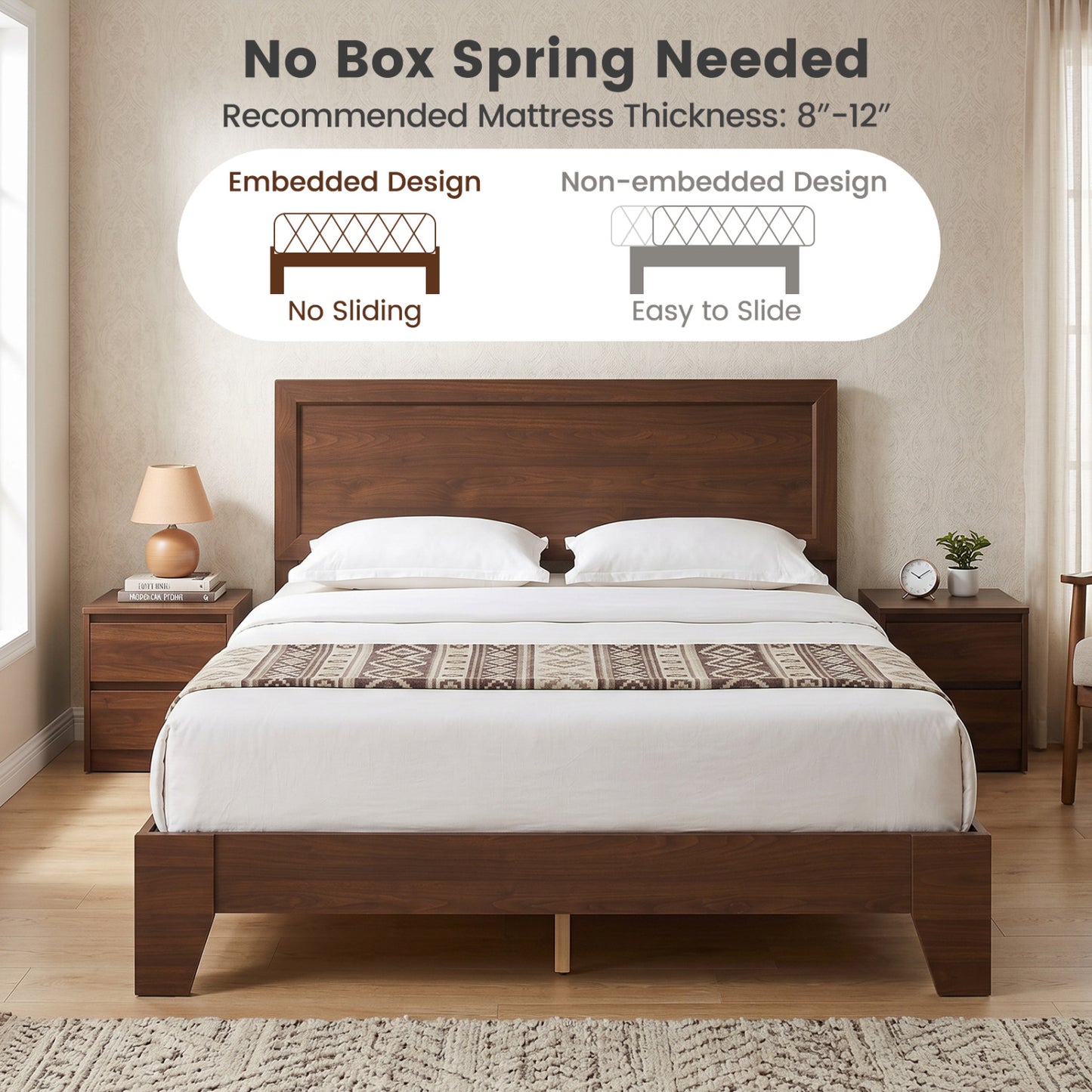 Queen Size Bed Frame with Headboard, Walnut Simple Bed Frame at Gallery Canada
