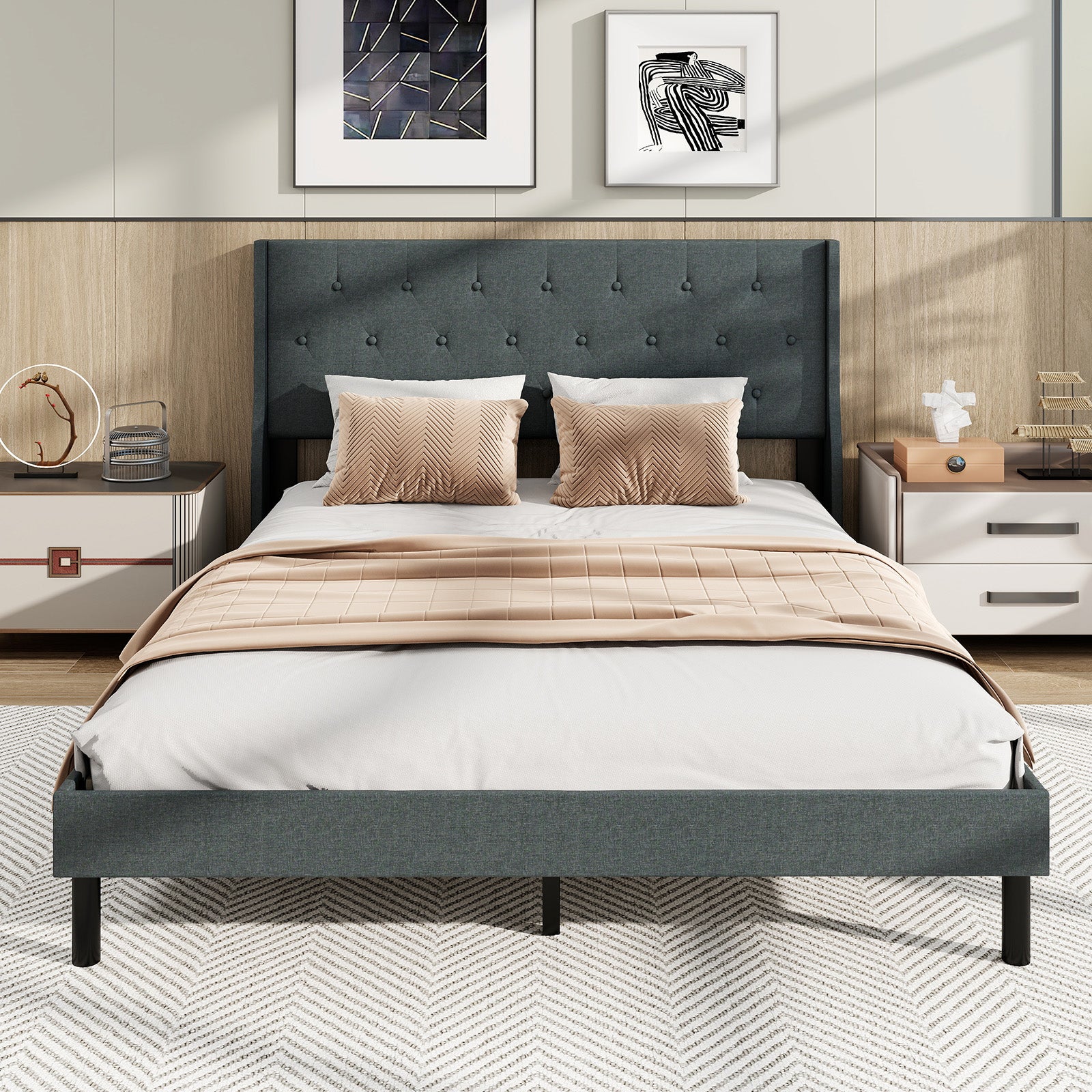 Queen Size Upholstered Bed Frame with Button Tufted Wingback Headboard and Wooden Slats Support Mattress Foundation, Gray Trundle Bed Frame at Gallery Canada