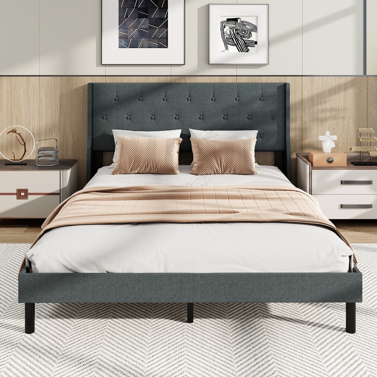 Queen Size Upholstered Bed Frame with Button Tufted Wingback Headboard and Wooden Slats Support Mattress Foundation, Gray Trundle Bed Frame at Gallery Canada
