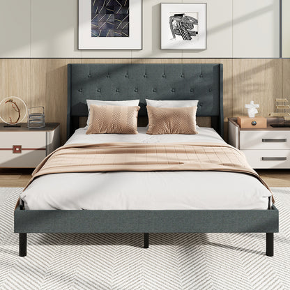 Queen Size Upholstered Bed Frame with Button Tufted Wingback Headboard and Wooden Slats Support Mattress Foundation, Gray Trundle Bed Frame at Gallery Canada