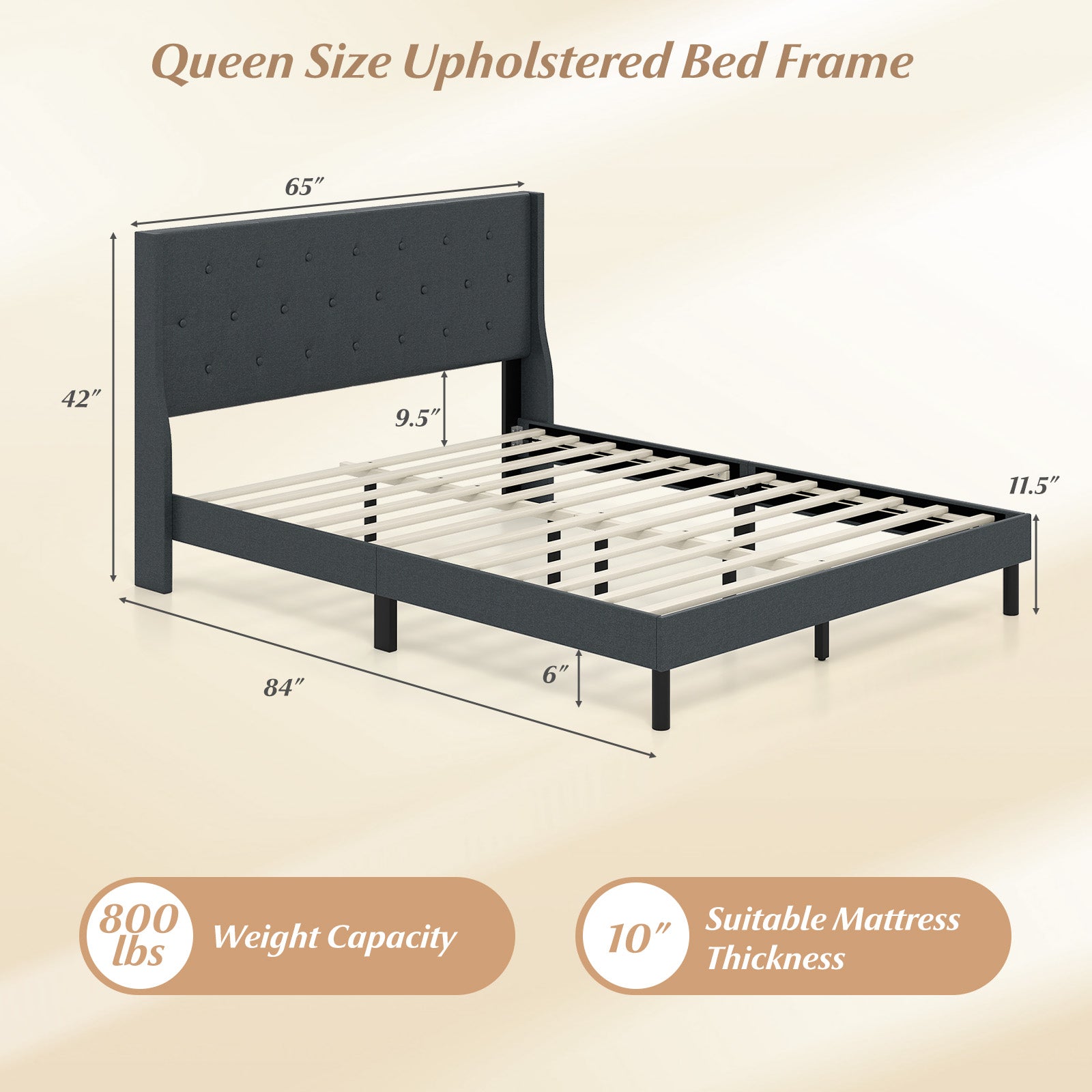 Queen Size Upholstered Bed Frame with Button Tufted Wingback Headboard and Wooden Slats Support Mattress Foundation, Gray Trundle Bed Frame at Gallery Canada