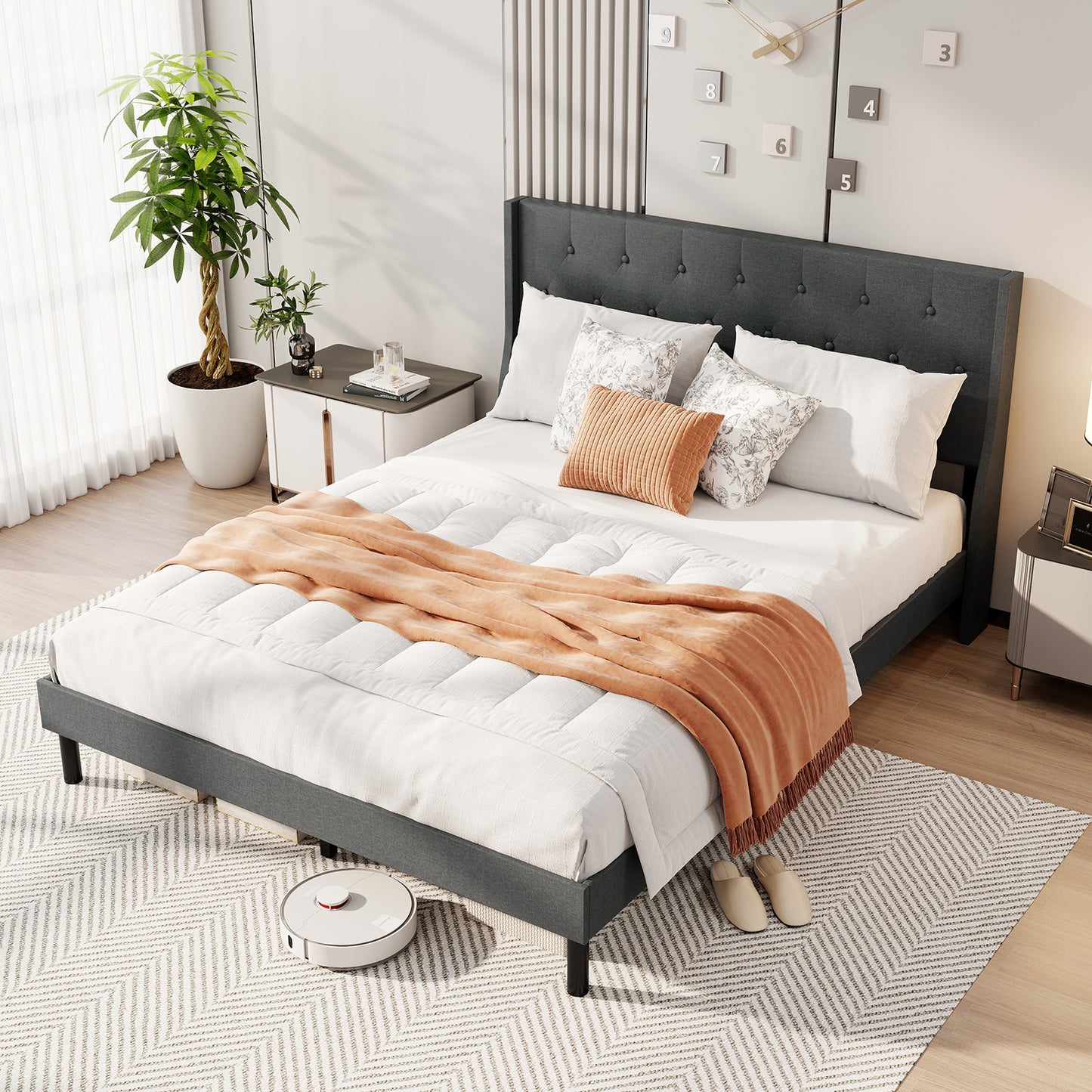 Queen Size Upholstered Bed Frame with Button Tufted Wingback Headboard and Wooden Slats Support Mattress Foundation, Gray Trundle Bed Frame at Gallery Canada