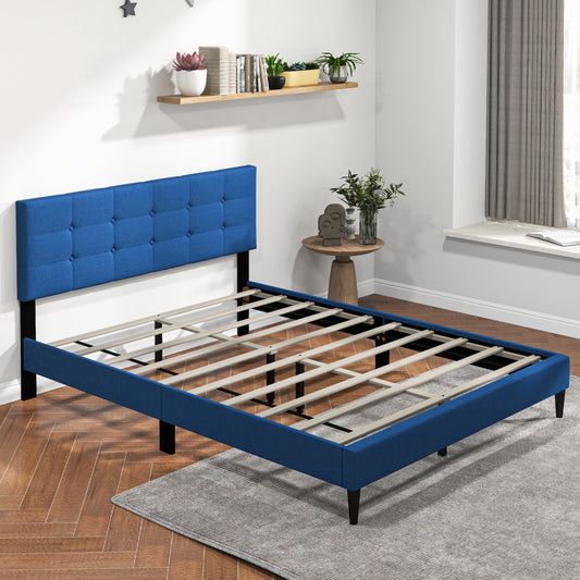 Queen Size Platform Bed, Button Tufted Headboard, Blue Simple Bed Frame Blue at Gallery Canada