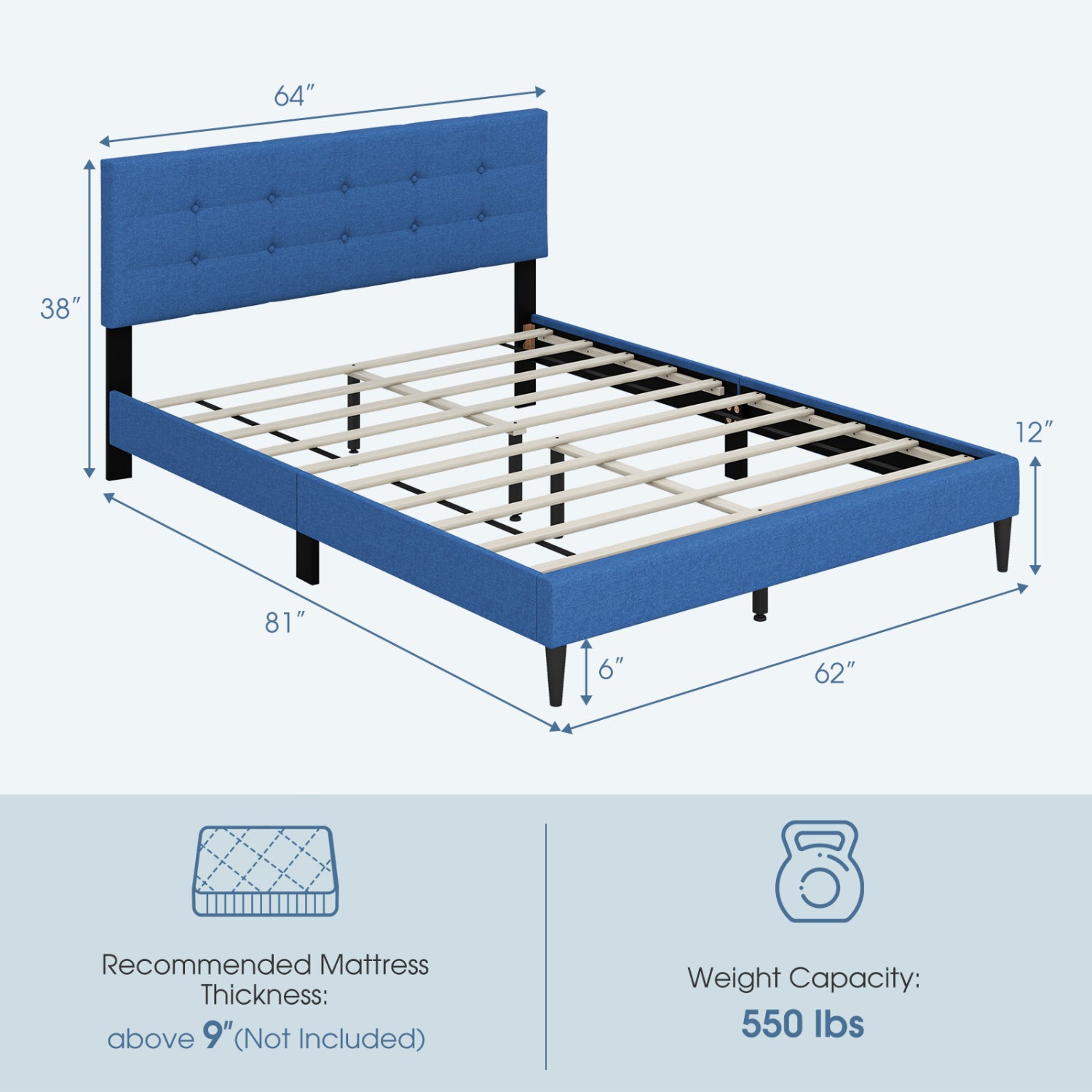 Queen Size Platform Bed, Button Tufted Headboard, Blue Simple Bed Frame at Gallery Canada