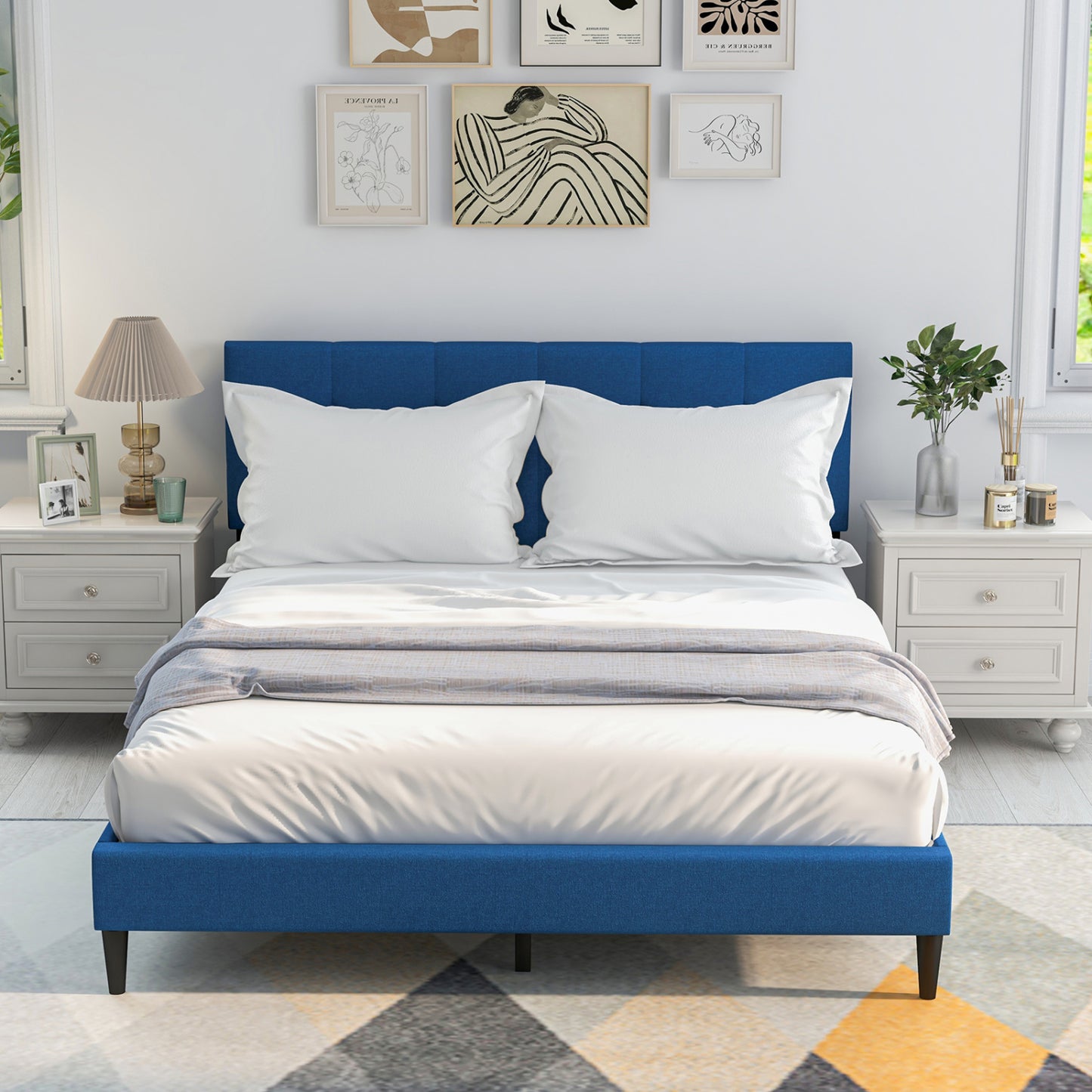 Queen Size Platform Bed, Button Tufted Headboard, Blue Simple Bed Frame at Gallery Canada