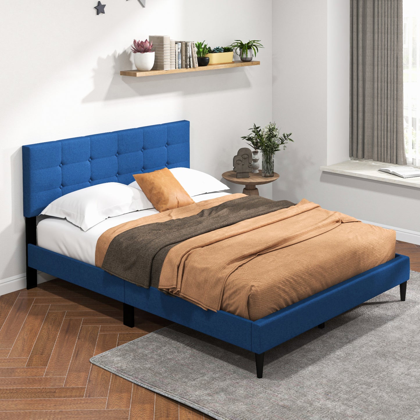 Queen Size Platform Bed, Button Tufted Headboard, Blue Simple Bed Frame at Gallery Canada