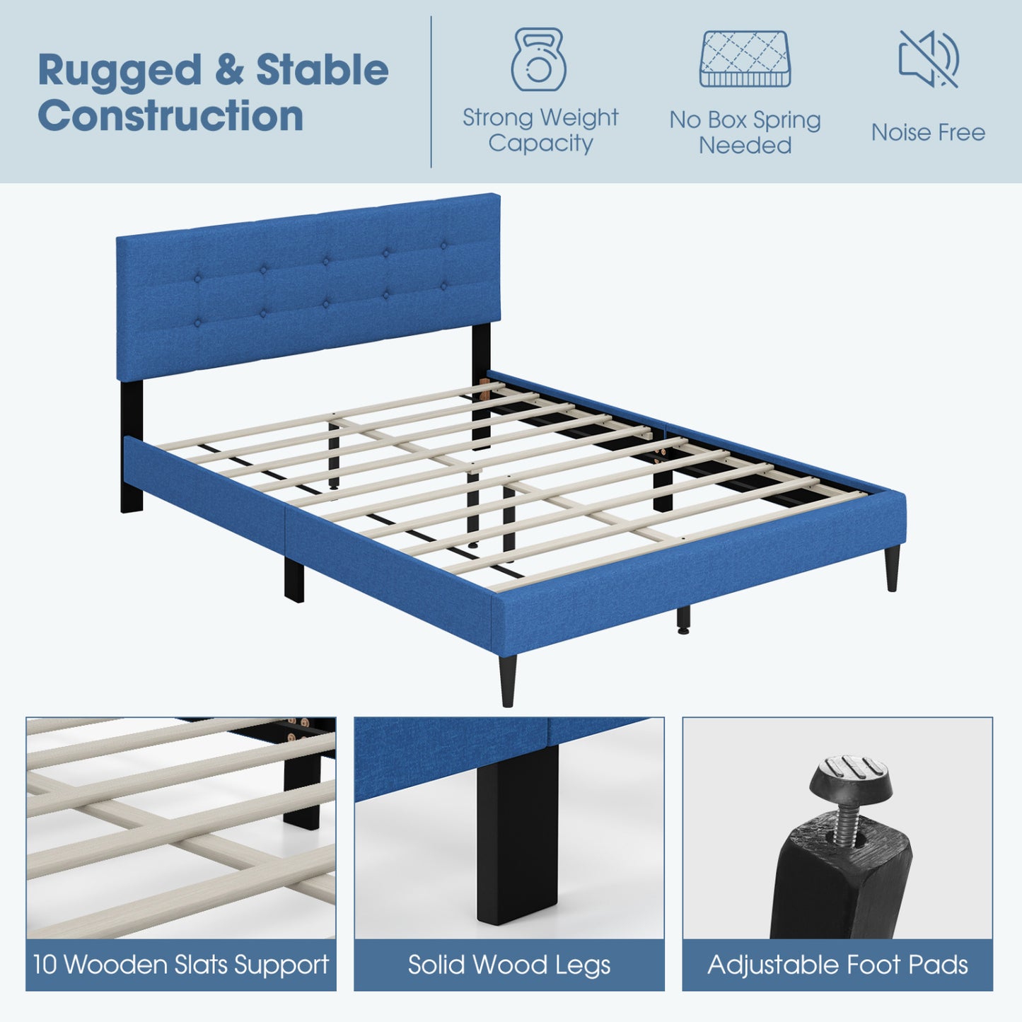 Queen Size Platform Bed, Button Tufted Headboard, Blue Simple Bed Frame at Gallery Canada