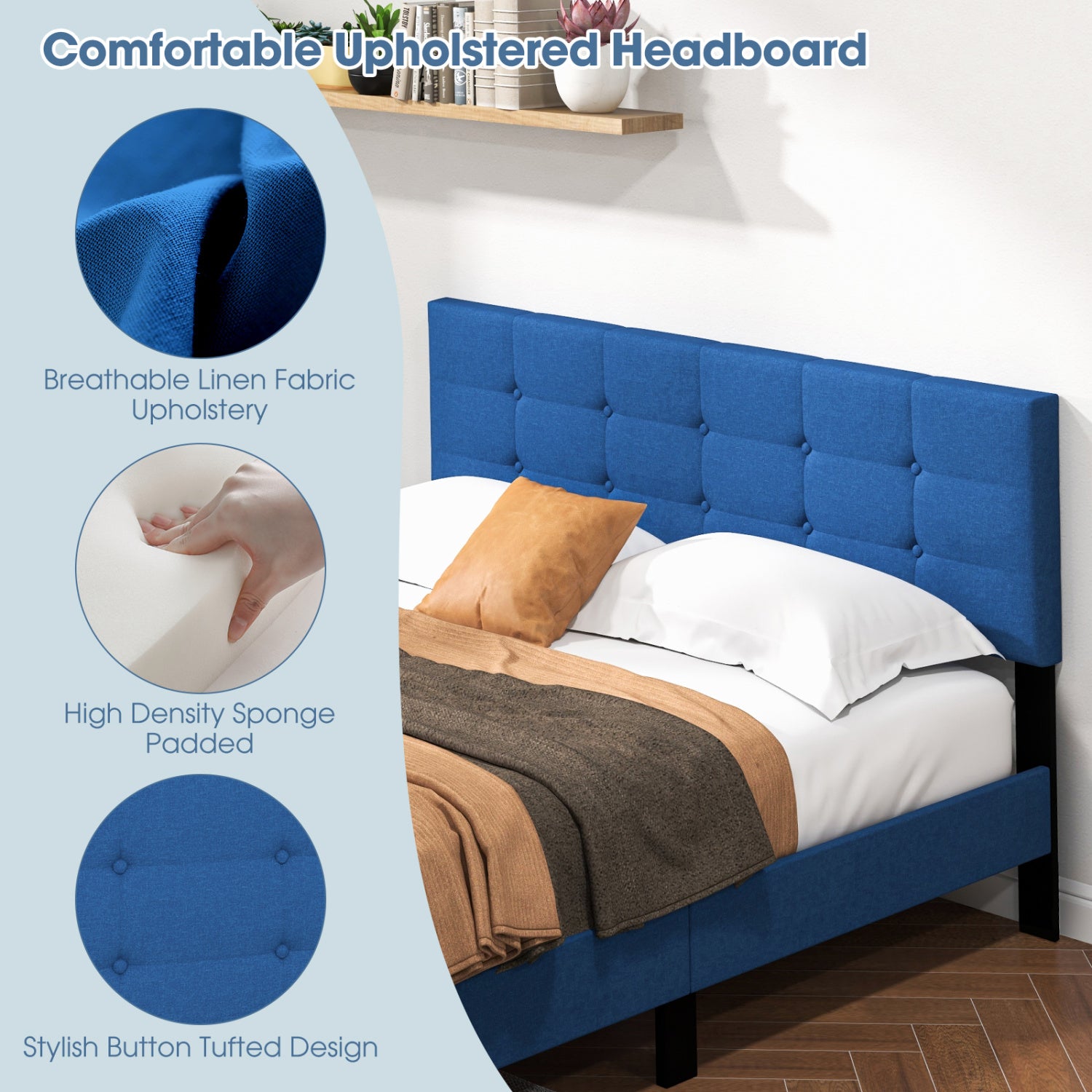 Queen Size Platform Bed, Button Tufted Headboard, Blue Simple Bed Frame at Gallery Canada