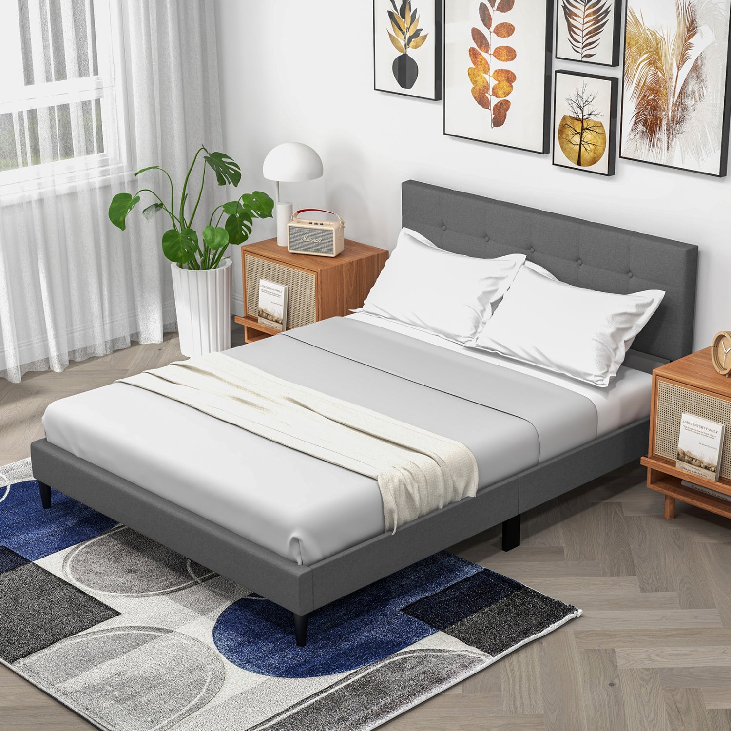 Queen Size Platform Bed, Button Tufted Headboard, Gray Simple Bed Frame at Gallery Canada
