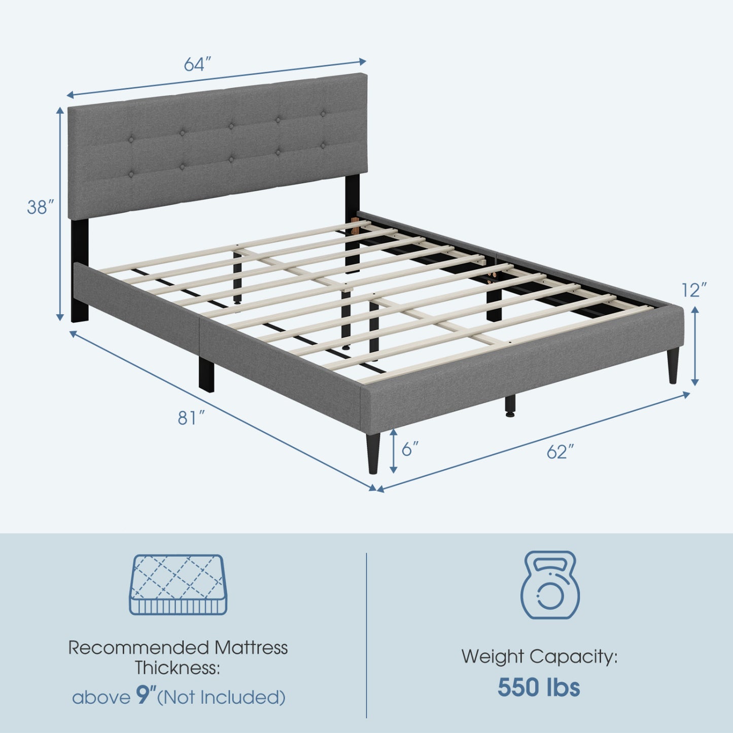 Queen Size Platform Bed, Button Tufted Headboard, Gray Simple Bed Frame at Gallery Canada