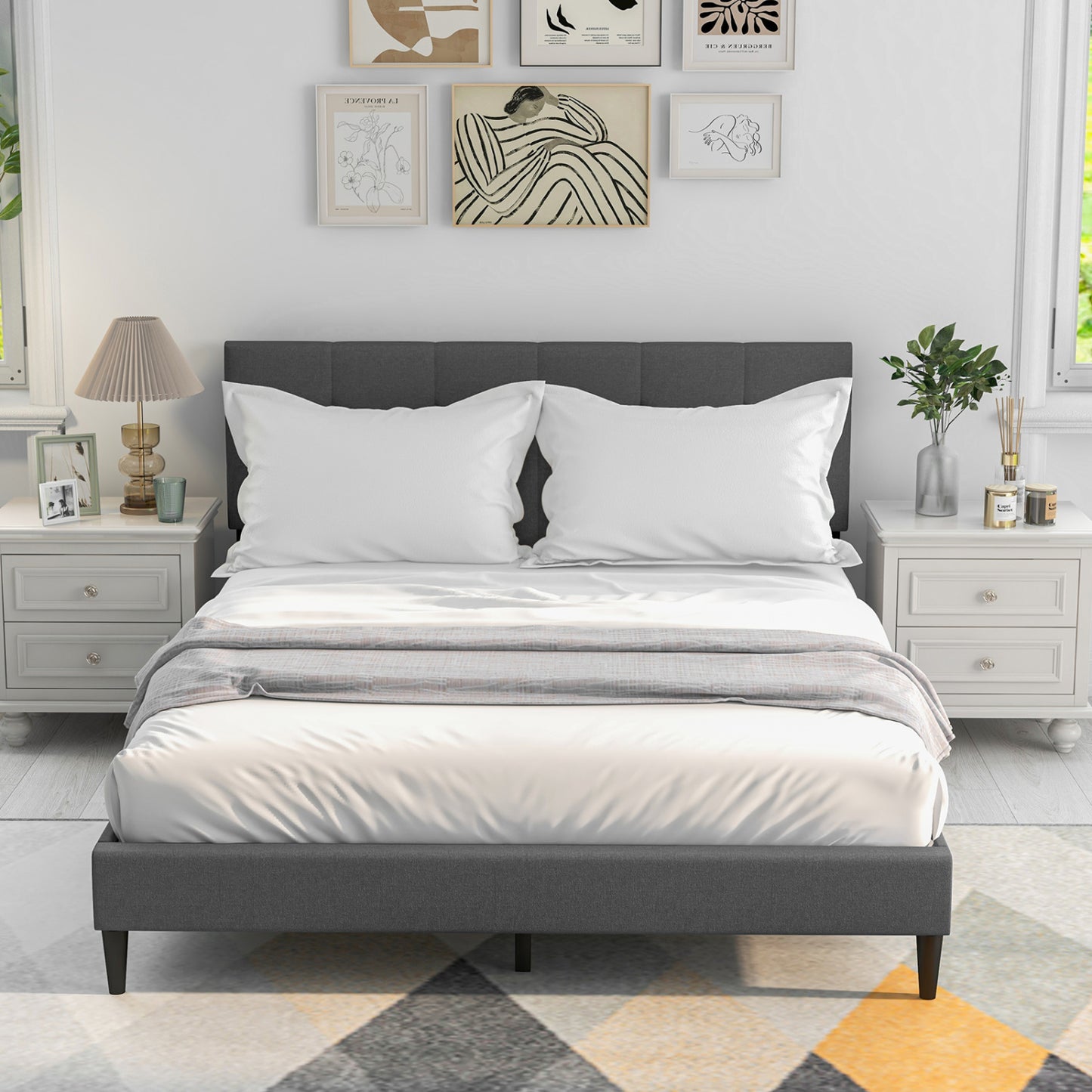 Queen Size Platform Bed, Button Tufted Headboard, Gray Simple Bed Frame at Gallery Canada