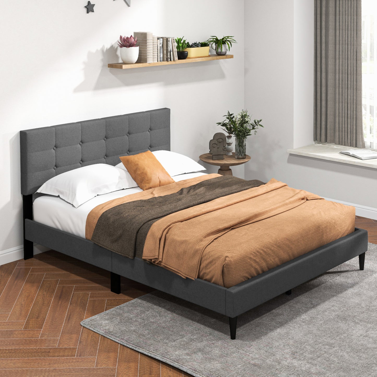 Queen Size Platform Bed, Button Tufted Headboard, Gray Simple Bed Frame at Gallery Canada