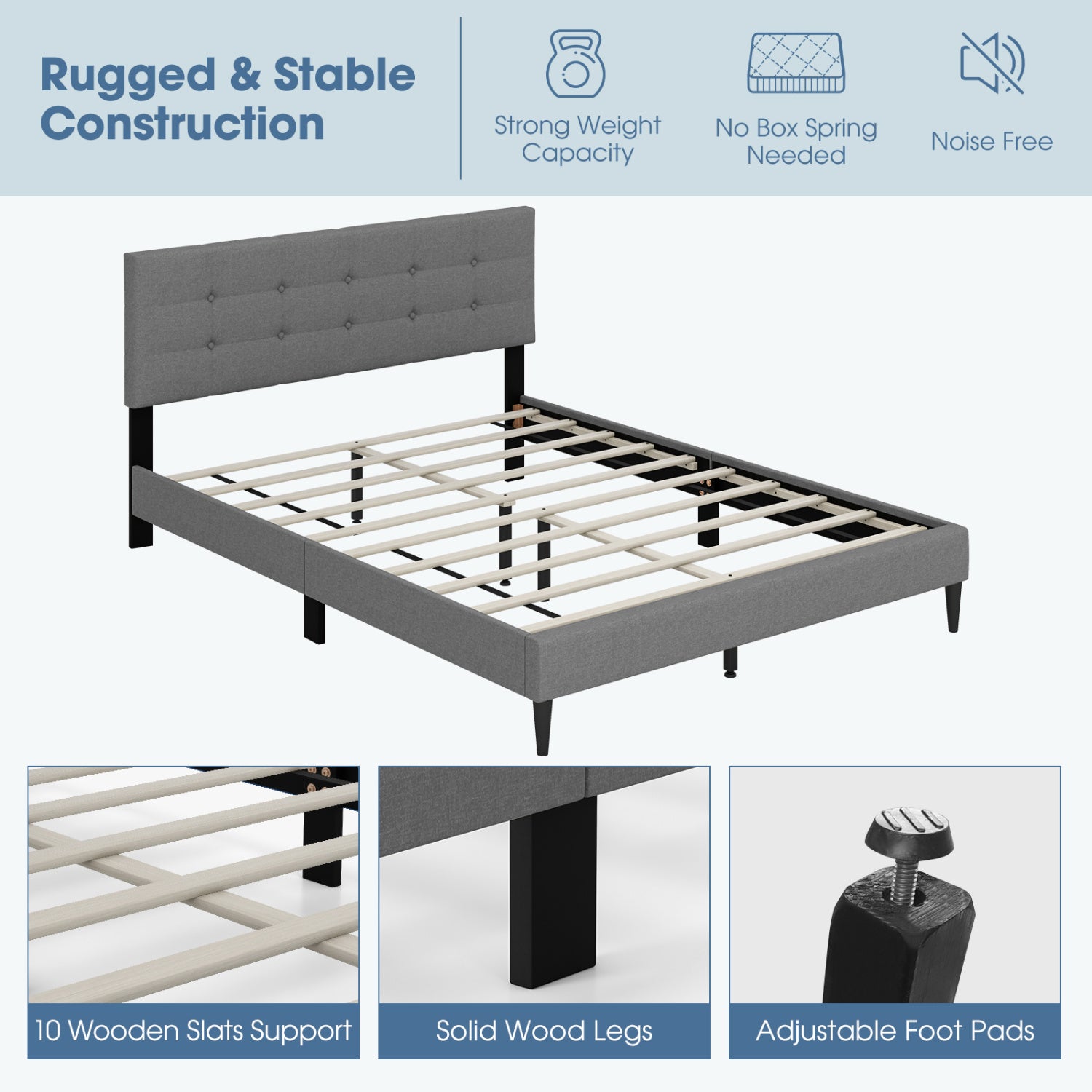Queen Size Platform Bed, Button Tufted Headboard, Gray Simple Bed Frame at Gallery Canada