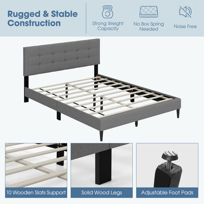 Queen Size Platform Bed, Button Tufted Headboard, Gray Simple Bed Frame at Gallery Canada