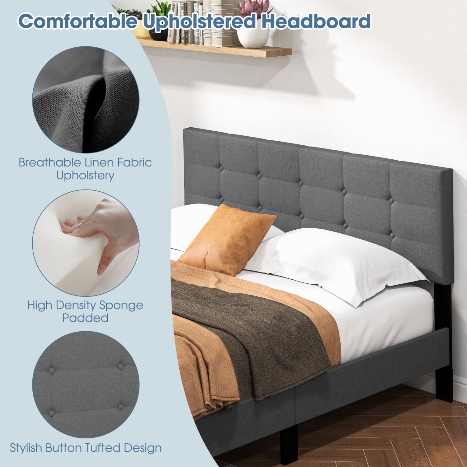 Queen Size Platform Bed, Button Tufted Headboard, Gray Simple Bed Frame at Gallery Canada