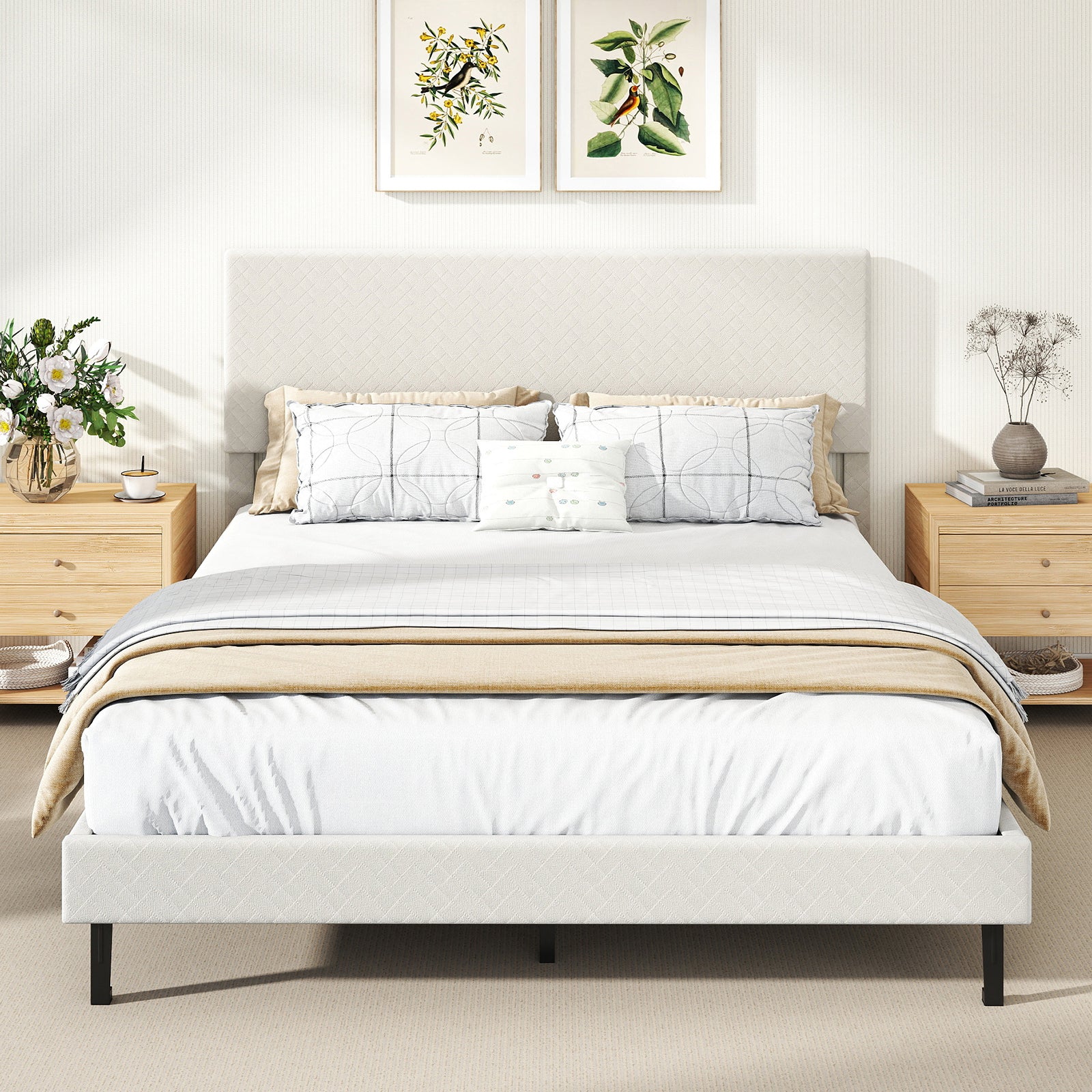 Queen Velvet Upholstered Bed Frame, Platform Bed with Chevron Headboard, Beige Simple Bed Frame at Gallery Canada