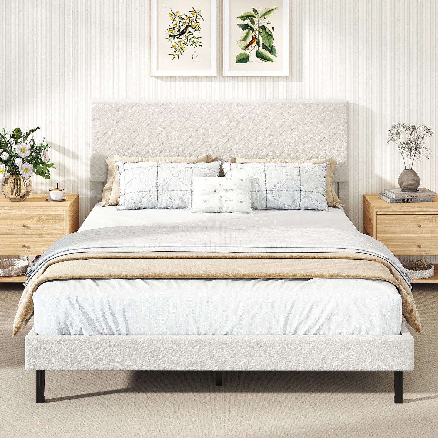 Queen Velvet Upholstered Bed Frame, Platform Bed with Chevron Headboard, Beige Simple Bed Frame at Gallery Canada