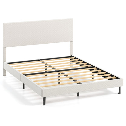 Queen Velvet Upholstered Bed Frame, Platform Bed with Chevron Headboard, Beige Simple Bed Frame Beige/Gray at Gallery Canada