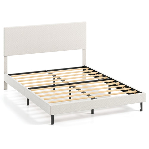 Queen Velvet Upholstered Bed Frame, Platform Bed with Chevron Headboard, Beige