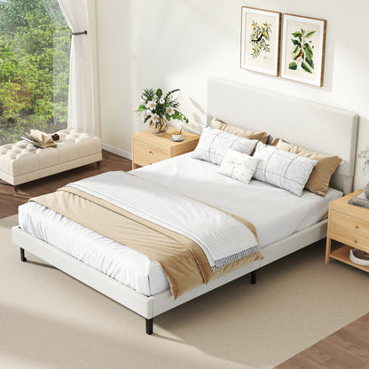 Queen Velvet Upholstered Bed Frame, Platform Bed with Chevron Headboard, Beige Simple Bed Frame at Gallery Canada