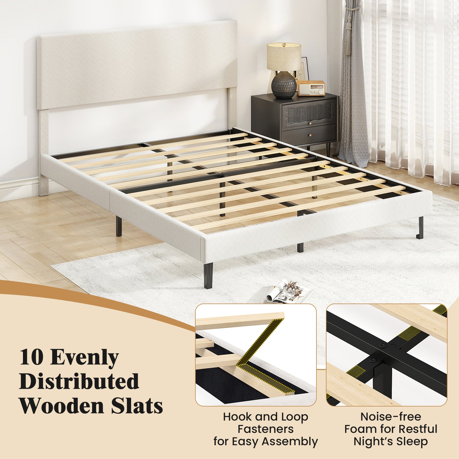 Queen Velvet Upholstered Bed Frame, Platform Bed with Chevron Headboard, Beige Simple Bed Frame at Gallery Canada
