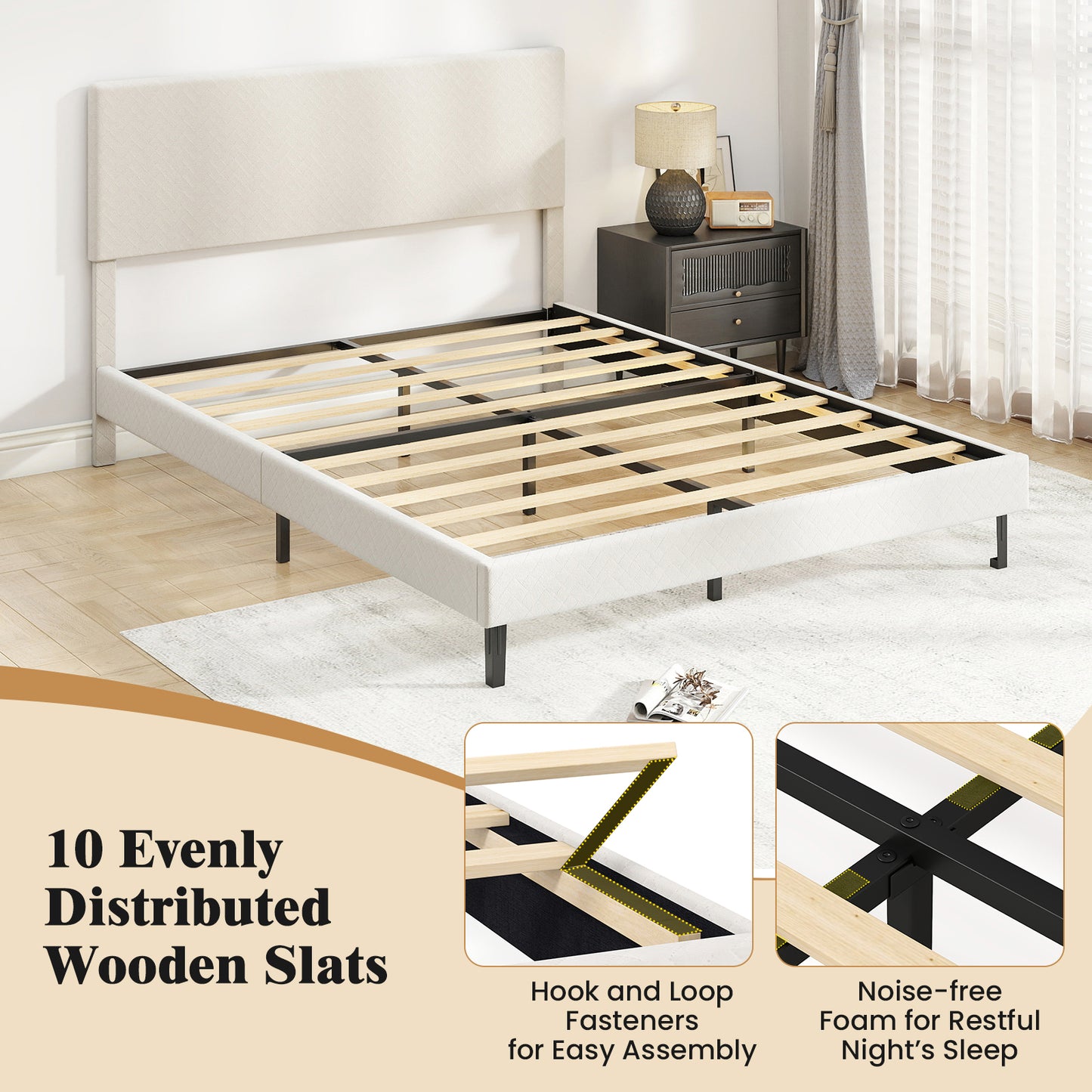 Queen Velvet Upholstered Bed Frame, Platform Bed with Chevron Headboard, Beige Simple Bed Frame at Gallery Canada