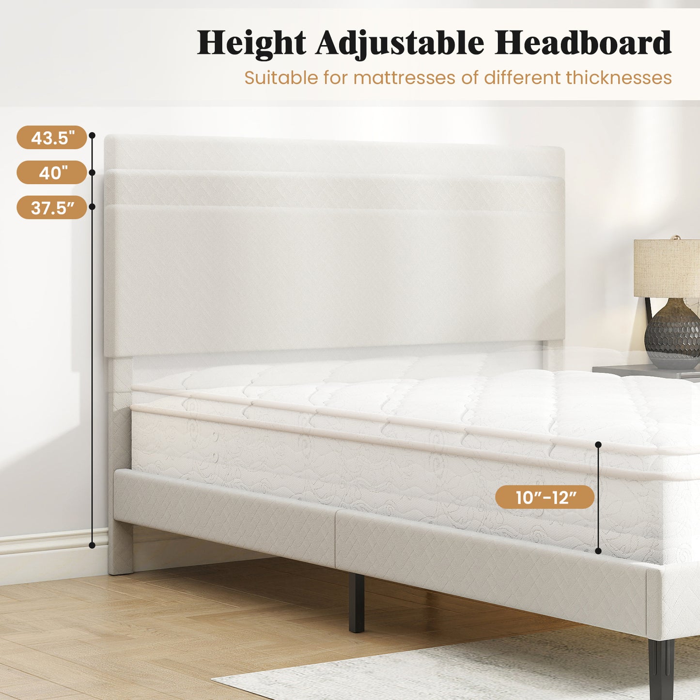 Queen Velvet Upholstered Bed Frame, Platform Bed with Chevron Headboard, Beige Simple Bed Frame at Gallery Canada