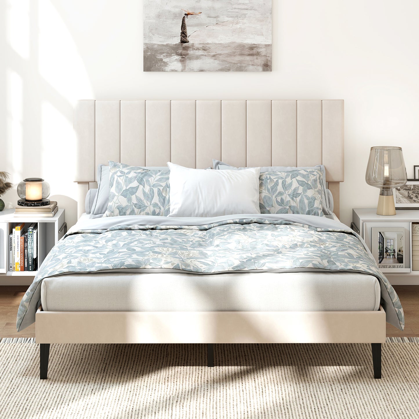Queen Size Velvet Upholstered Platform Bed Frame