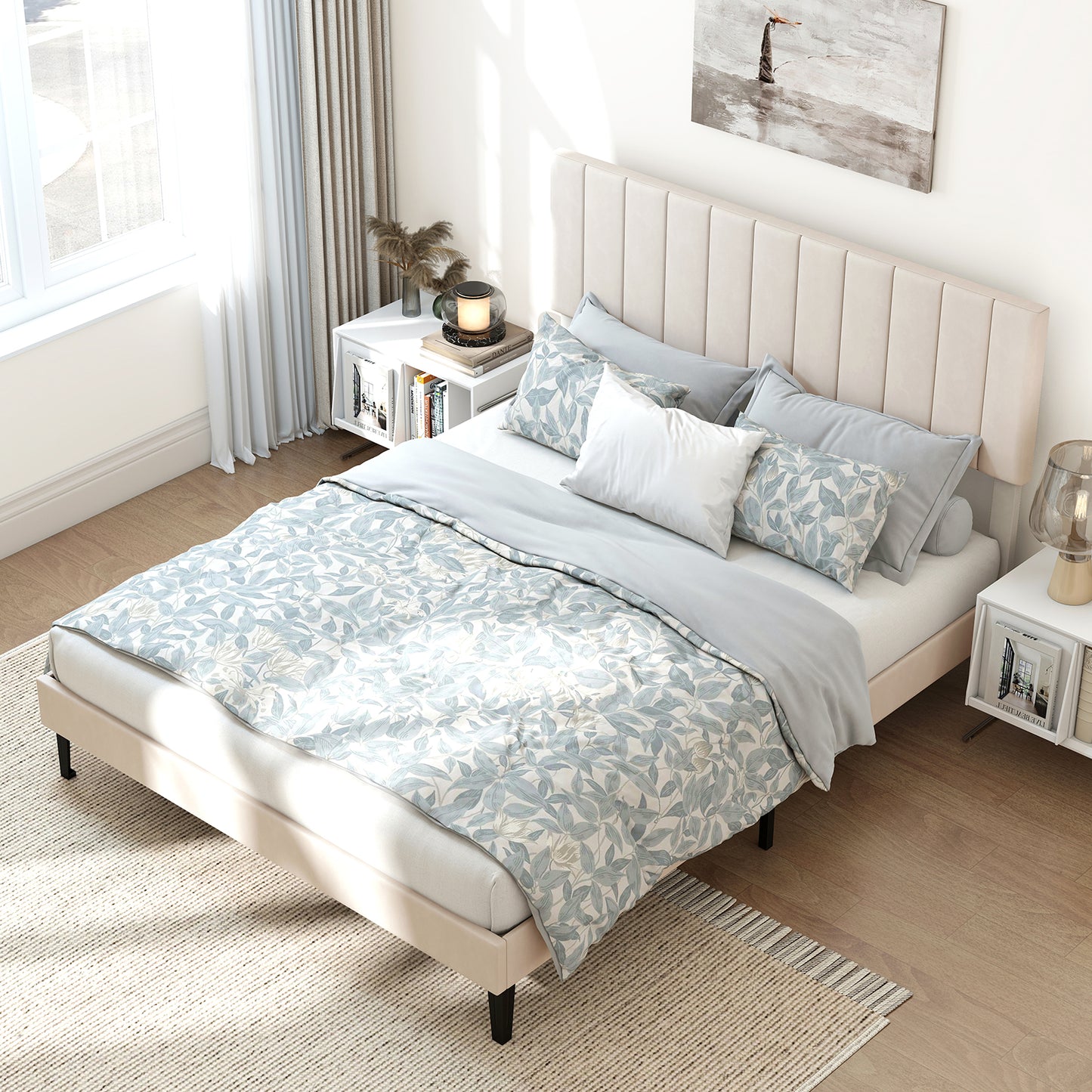 Queen Size Velvet Upholstered Platform Bed Frame