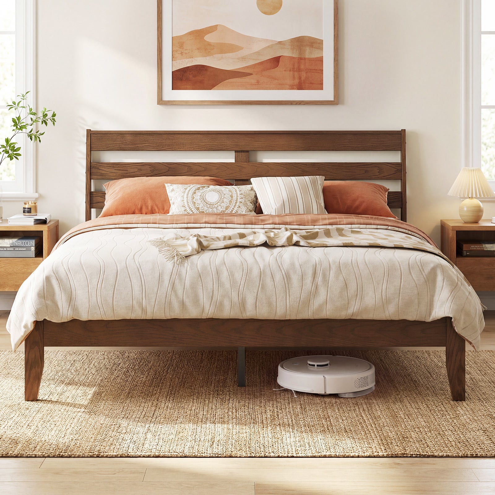 Queen Wood Platform Bed Frame, Slat Headboard, Brown Simple Bed Frame at Gallery Canada