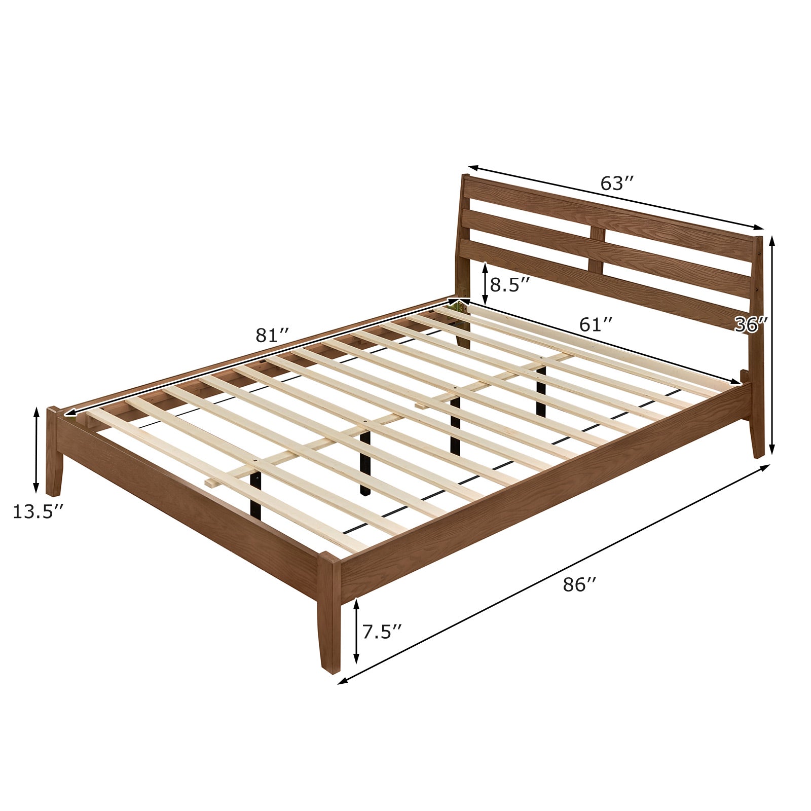 Queen Wood Platform Bed Frame, Slat Headboard, Brown Simple Bed Frame at Gallery Canada