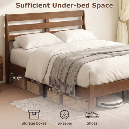 Queen Wood Platform Bed Frame, Slat Headboard, Brown Simple Bed Frame at Gallery Canada