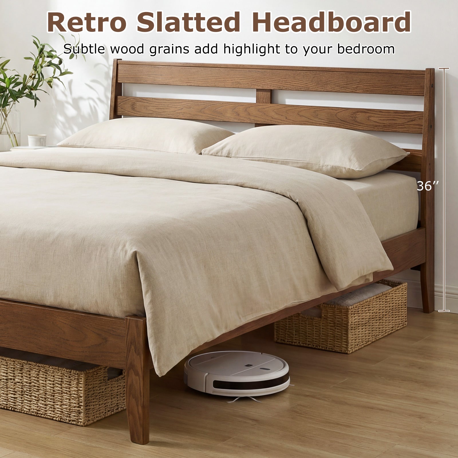 Queen Wood Platform Bed Frame, Slat Headboard, Brown Simple Bed Frame at Gallery Canada