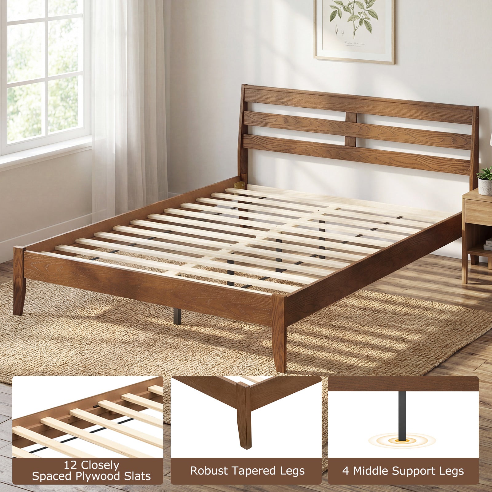 Queen Wood Platform Bed Frame, Slat Headboard, Brown Simple Bed Frame at Gallery Canada