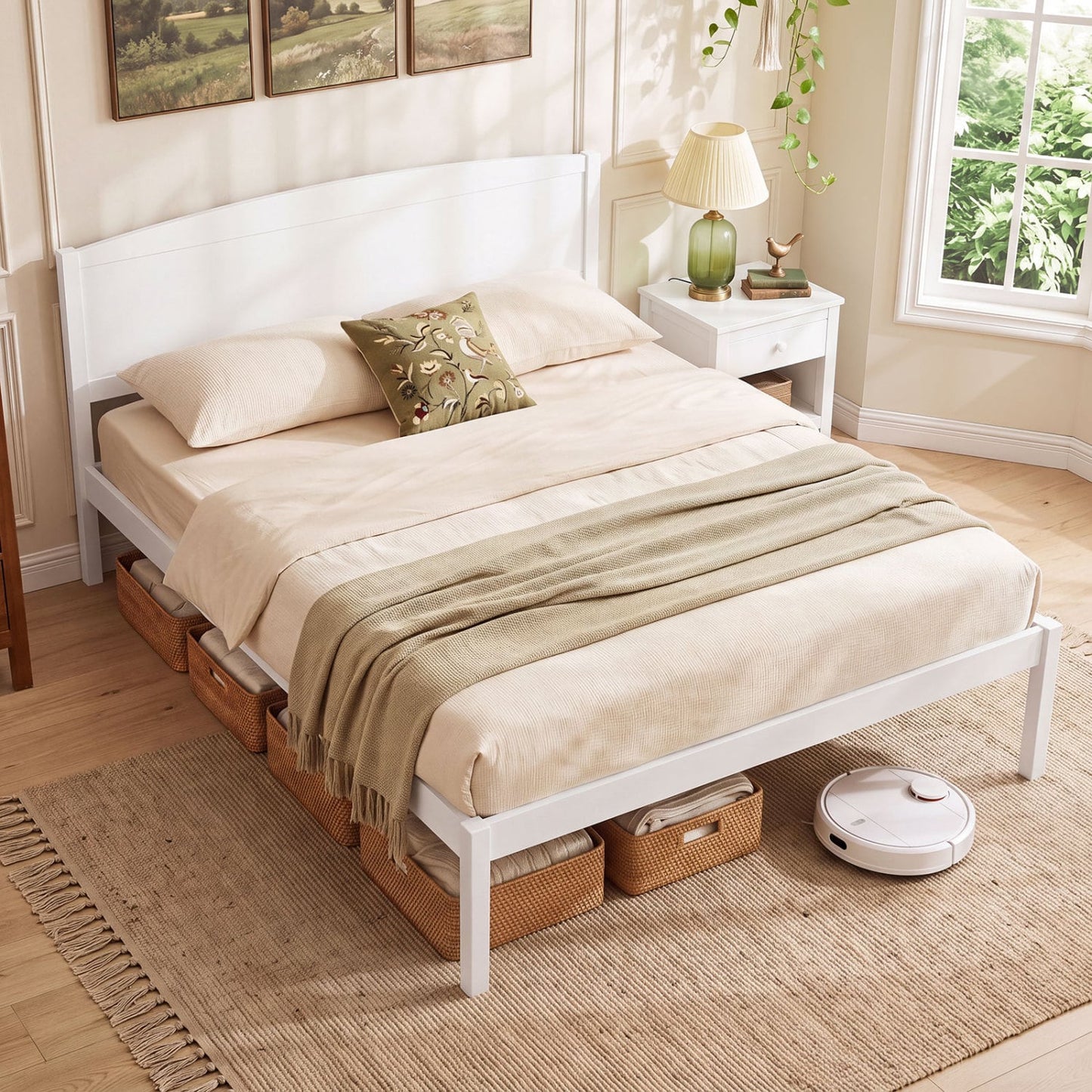 Cadre de lit en bois de style plateforme, taille queen, blanc