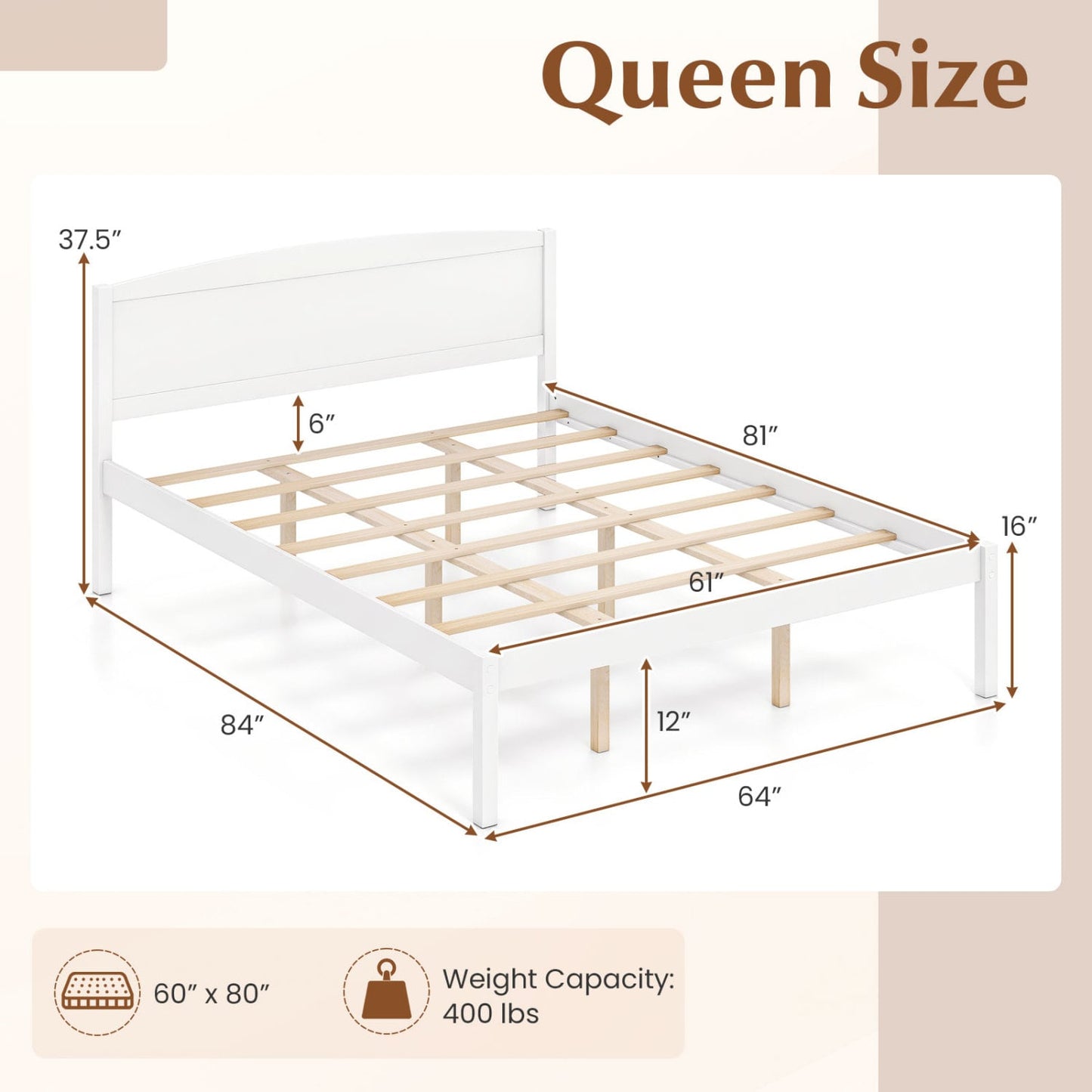 Cadre de lit en bois de style plateforme, taille queen, blanc