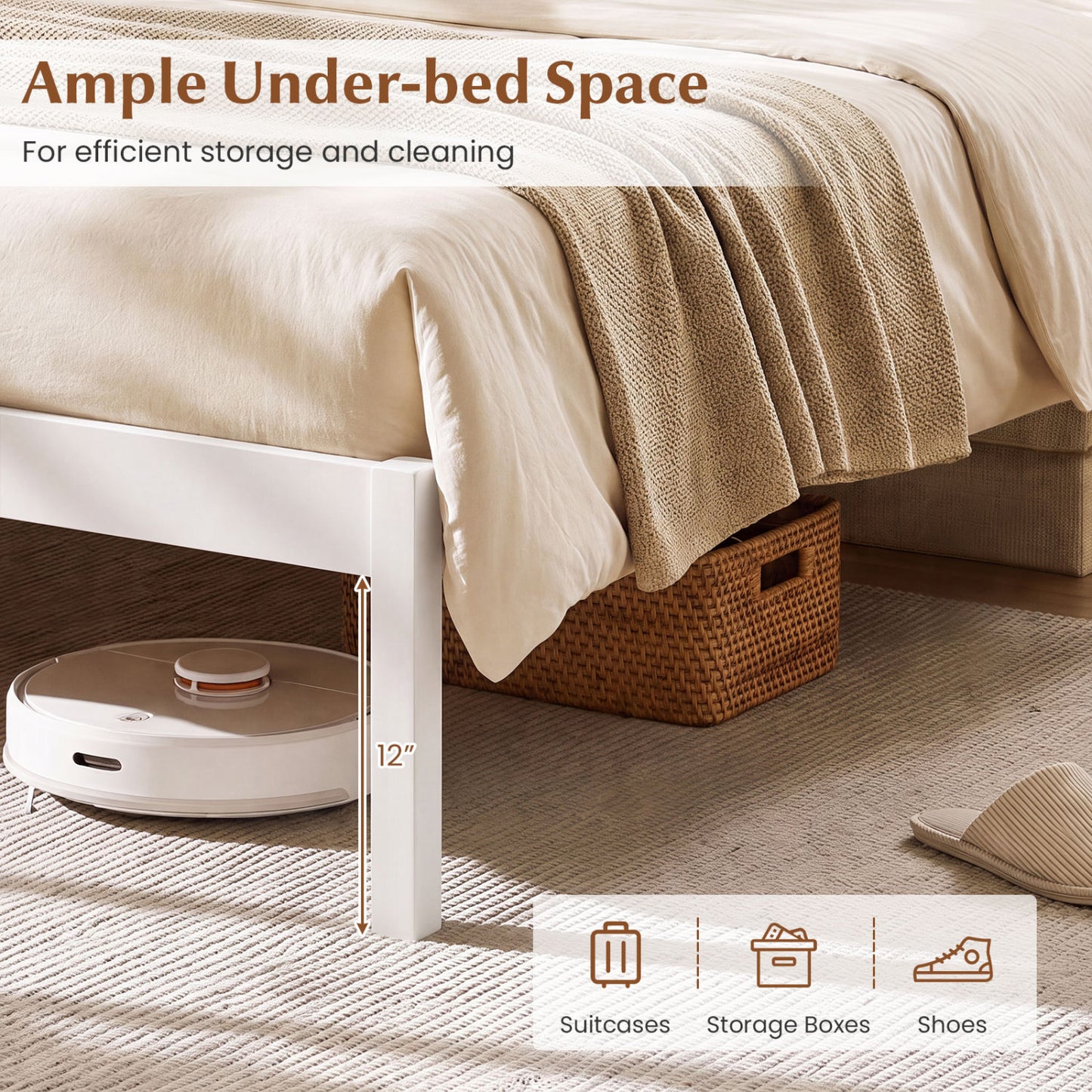 Cadre de lit en bois de style plateforme, taille queen, blanc