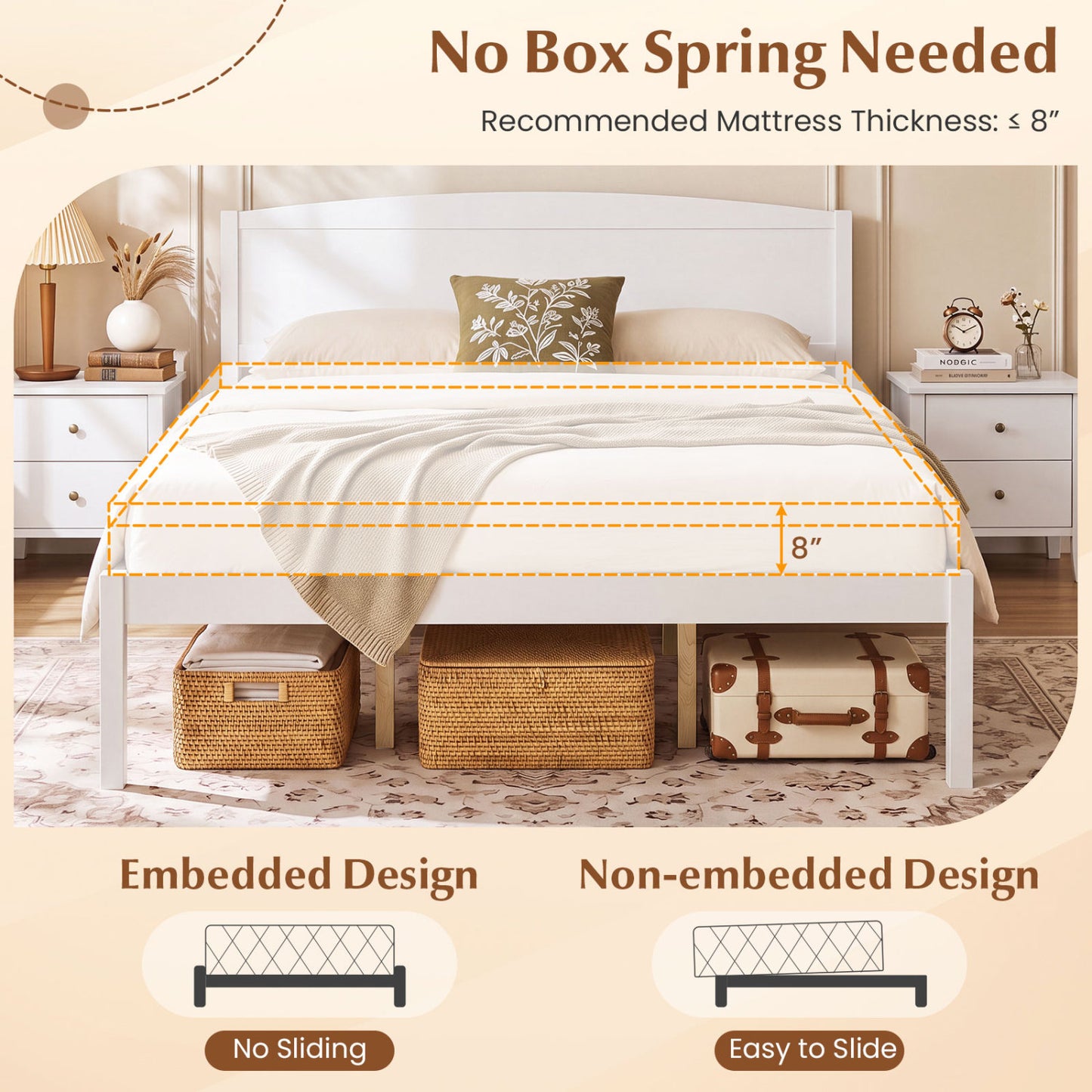 Cadre de lit en bois de style plateforme, taille queen, blanc