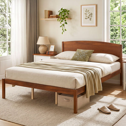Queen Wooden Platform Bed with Curved Headboard, Walnut