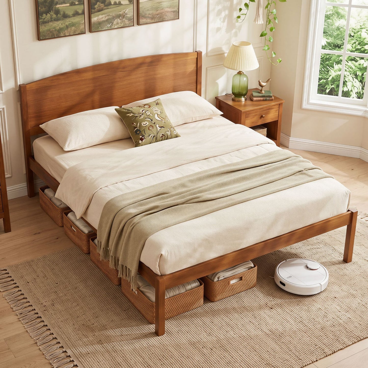 Queen Wooden Platform Bed with Curved Headboard, Walnut